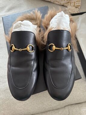 Gucci Black Leather Fur-Lined Horsebit Loafers with Gold Hardware